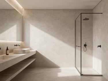Minimalist bathroom with large format tiles, a floating vanity with a stone basin, and a walk-in shower, soft morning light, high-end editorial style