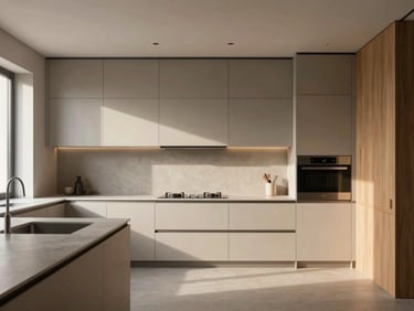 Modern minimalist kitchen in Barcelona, natural light, sleek countertops, integrated appliances, warm wood accents, architectural focus.