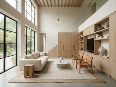 Luminous, minimalist living room interior with high ceilings, natural light, and bespoke wooden cabinetry, architectural photography.