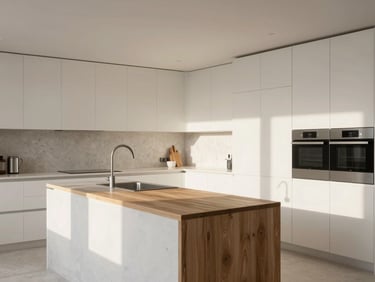 Modern kitchen with white cabinets, microcement countertops, integrated appliances, and a wooden island, diffused morning light, high-end editorial style