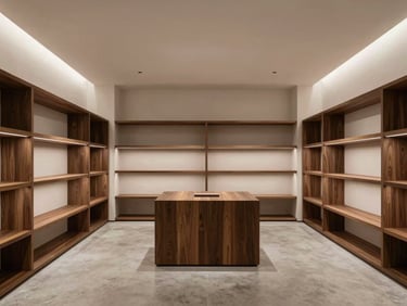 Elegant retail space interior in Barcelona, minimalist design, dark wood display shelves, concrete floor, soft accent lighting, empty, high-end editorial style.