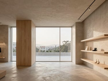 Luminous contemporary retail space in Barcelona, minimalist design with natural wood and polished concrete, soft morning light, wide architectural view.