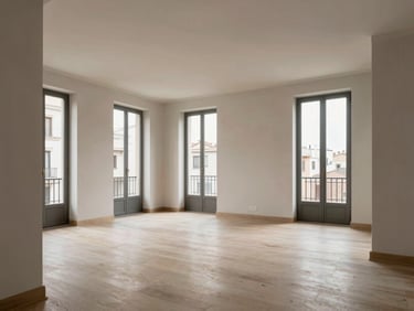 Bright, open living area in a renovated Barcelona apartment, seamless flow between rooms, abundant natural light, neutral color palette, architectural details.