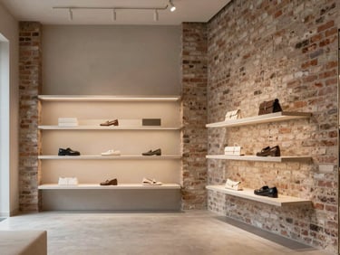 Chic boutique interior with exposed brick, minimalist display shelves, and warm accent lighting, architectural details, high-end editorial style