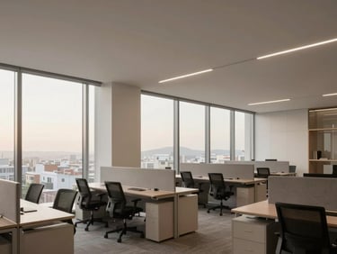 Modern open-plan office in Barcelona, clean lines, large windows with diffused daylight, ergonomic furniture, neutral tones, architectural perspective.