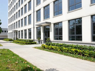 A well-maintained commercial building exterior with clean pathways and manicured garden edges