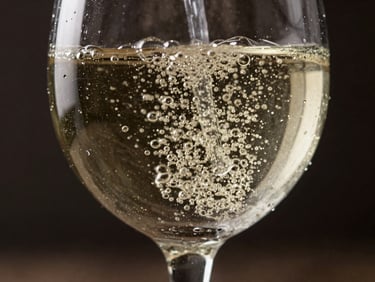 Macro shot of fine champagne bubbles rising in a delicate crystal glass, dramatic low-key side lighting highlighting the condensation and texture, dark charcoal background