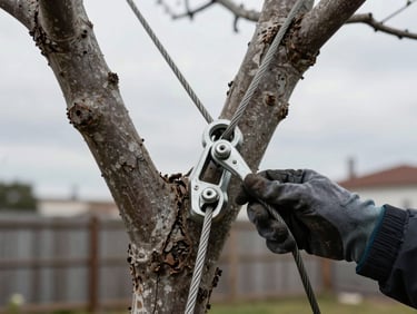 Close-up of steel cable hardware attached to a forked tree trunk, gloved hand checking tension, overcast daylight, yard fence in background