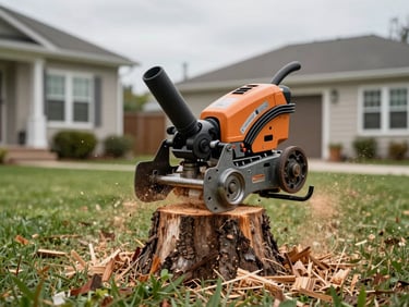 Stump grinder machine at work on a fresh stump, wood shavings flying, residential lawn context, flat overcast light