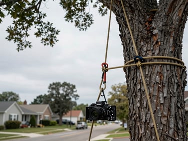 Arborist rigging ropes around a large trunk before controlled felling, overcast daylight, suburban street visible in background, no posing