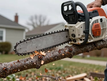 Close-up of a chainsaw blade entering a thick maple branch, wood chips suspended mid-air, overcast daylight, residential yard background
