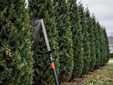 Hedge trimmer shearing a tall cedar row along a suburban property line, uniform cut visible, flat overcast morning light, no workers posing