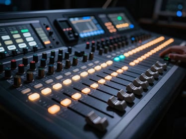 Close-up of a professional lighting control console, faders and illuminated buttons glowing in a dark production booth, shallow depth of field