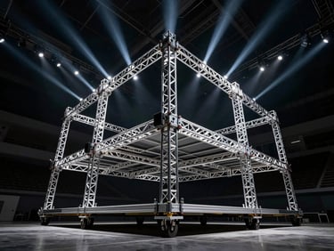 Heavy-duty staging platform and structural aluminum trussing configured in an empty arena, dramatic low-angle heroic shot, 35mm
