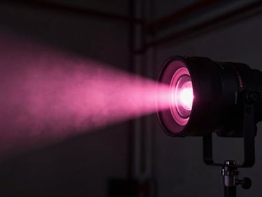 Macro shot of a high-output intelligent profile spot fixture lens, intense pink light beam emitting through atmospheric haze, dark industrial background