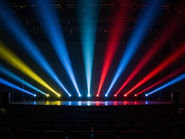 Dramatic wide venue sweep showing high-output LED wash fixtures illuminating an empty arena stage with deep saturated colors