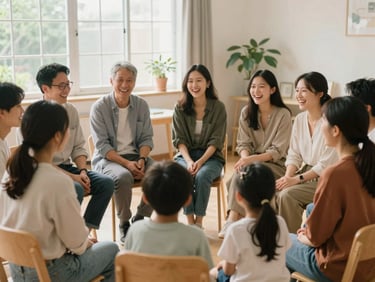 A group of parents and children sitting in a circle laughing together in a sunlit community room, soft focus