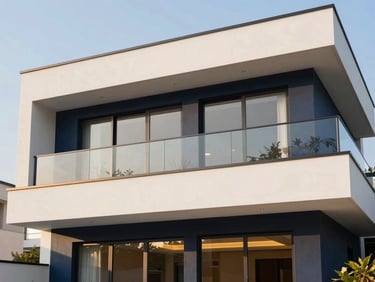 Premium modern villa facade under soft golden hour sunlight, pristine weather-resistant paint finish, clean architectural lines, 35mm