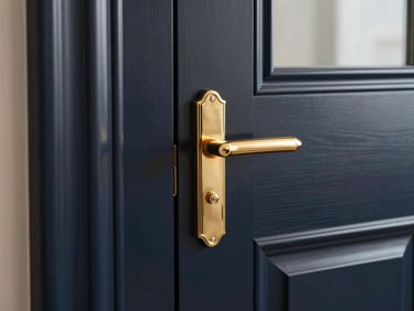 Close-up of a luxurious dark wooden door with flawless semi-gloss lacquer finish, elegant gold handle, soft side lighting, 35mm