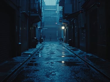 Moody street alley in a futuristic city at night, wet asphalt reflecting neon-blue lights, dark silhouettes in the misty background.