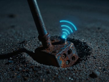 Macro close-up of a rusted metallic transmitter buried in dark sand, faint neon-blue signal light blinking, dramatic low-key lighting.