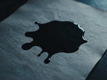 Macro shot of thick black ink pooling on raw parchment paper, dramatic chiaroscuro lighting, deep shadows, cool blue undertones.