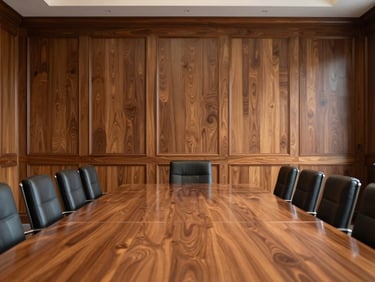 An elegant executive boardroom with restored walnut wall paneling, soft natural light reflecting off the polished wood grain, clean architectural perspective.