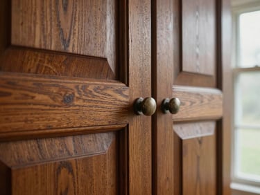 Macro close-up of restored heritage oak millwork in a historic Spokane estate, highlighting the deep, warm wood grain and flawless satin finish under soft, side-lit window light.