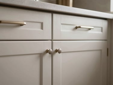 Immaculate satin-finished kitchen cabinets, flawless spray texture, professional architectural lighting.