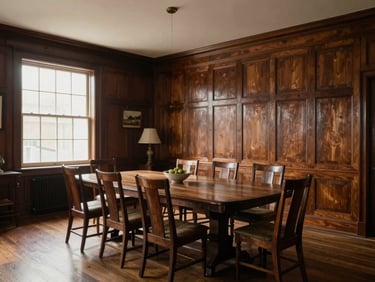 A historic Spokane manor dining room, restored mahogany wainscoting, soft warm light.