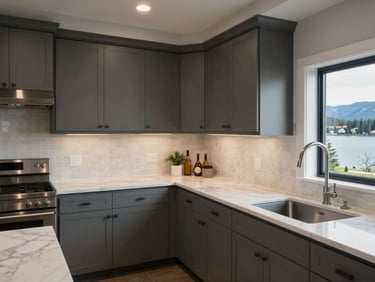 A modern lakefront estate kitchen in Coeur d'Alene, flawless matte-finished cabinets.