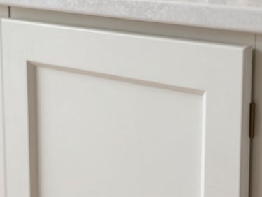 An extreme close-up of a perfectly finished satin-white kitchen cabinet door, soft overcast Pacific Northwest lighting, highlighting the seamless edge and smooth tactile texture.