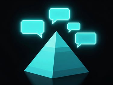 In-game screenshot of glowing neon dialogue boxes floating around a low-poly cyan pyramid, dark background, high contrast.