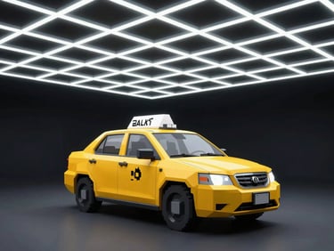 digital screenshot, low-poly 3d yellow taxi driving on a neon grid ceiling, dark background, crisp