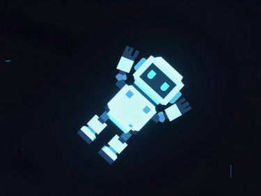 Isolated animated character sprite of a glowing robot falling upward against a dark digital background, crisp pixel art.