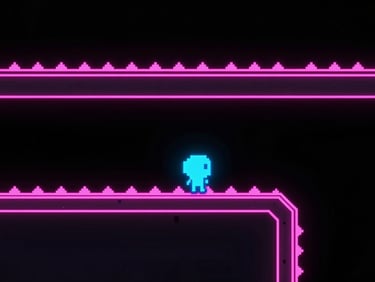 digital screenshot, 2d platformer with neon pink spikes and a glowing blue character sprite, dark background, crisp