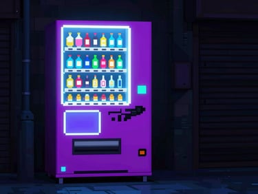 pixel art, glowing neon vending machine in a dark alleyway, high contrast digital colors, crisp