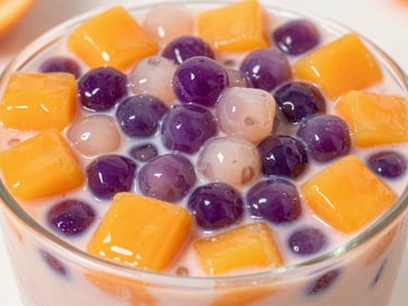Dynamic close-up of colorful bubble tea with layered real fruit sauce and textured tapioca pearls, bright daylight, saturated orange and purple tones, 35mm lens