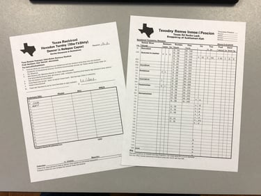 Overhead flatlay of Texas tax deed documents spread on a plain gray desk, a printed title chain report beside a county property record, practical office light from above, tight crop showing handwritten margin notes, no people, documentary framing