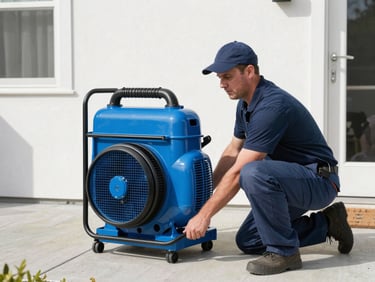 Crisp editorial photography of a professional water restoration technician setting up an industrial air mover in a San Francisco home, bright natural daylight, 35mm