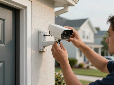 Technician's hands mounting a security camera bracket on an exterior wall beside a front door, afternoon natural light, residential neighborhood softly visible behind