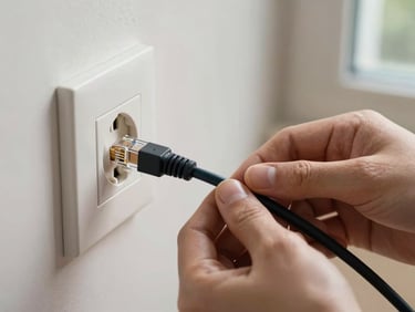 Close-up of hands connecting an ethernet cable into a wall socket, natural window light, residential interior background slightly out of focus