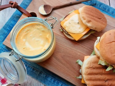 Molho tipo Big Mac caseiro e saudável feito com iogurte, ovos e picles em pote de vidro sobre mesa