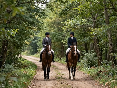 Two riders on horseback walking quietly along a scenic dirt path surrounded by tall green forest trees.