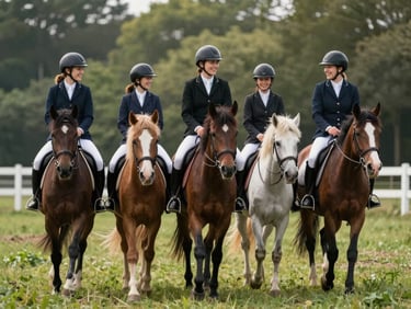 A group of happy young riders walking together beside their ponies in a lush green outdoor arena, soft Belgian daylight.