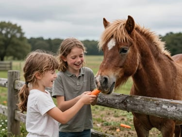 Children laughing while feeding carrots to a friendly pony over a rustic wooden fence in Forville.