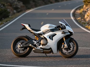 Side-profile precision shot of a sport motorcycle on a smooth mountain asphalt curve, racing geometry and low fairing in sharp focus, golden morning light raking across the bodywork, empty road ahead