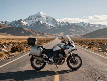 Wide-angle side profile of a touring motorcycle loaded with panniers on a long straight Andean highway, snow-capped peaks visible on the horizon, late-afternoon directional light casting long shadows across the road