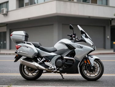 Three-quarter front view of an urban commuter motorcycle parked on a clean city street at the foot of Andean foothills, sharp architectural lines and instrument cluster visible, diffused daylight, minimal background clutter