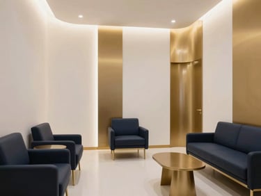 An elegant, minimalist architectural view of a luxury dental clinic lounge, warm gold accents, clean white walls, soft side-lighting.